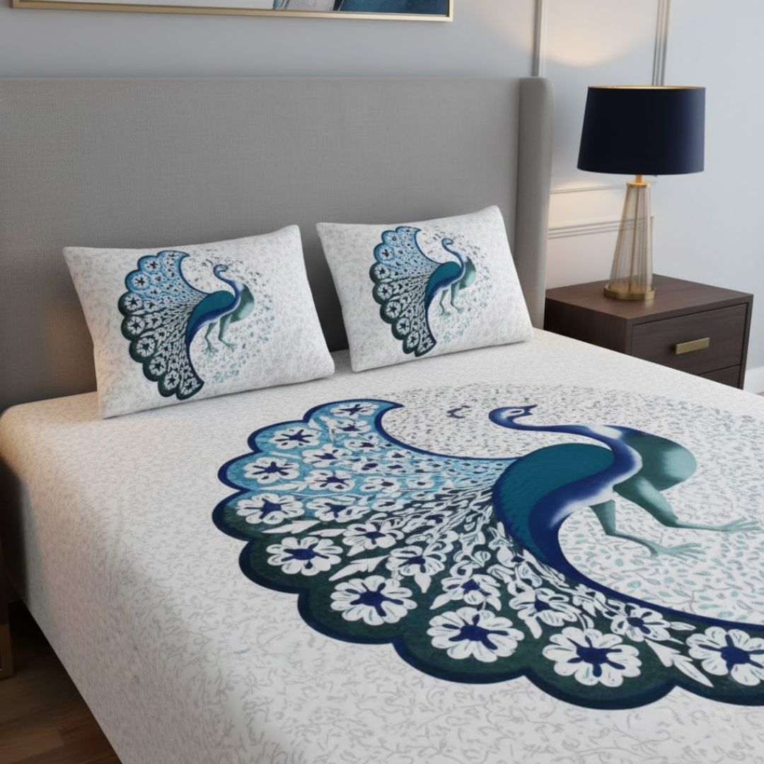 Twill Cotton Bedsheet Dancing Blue Peacock